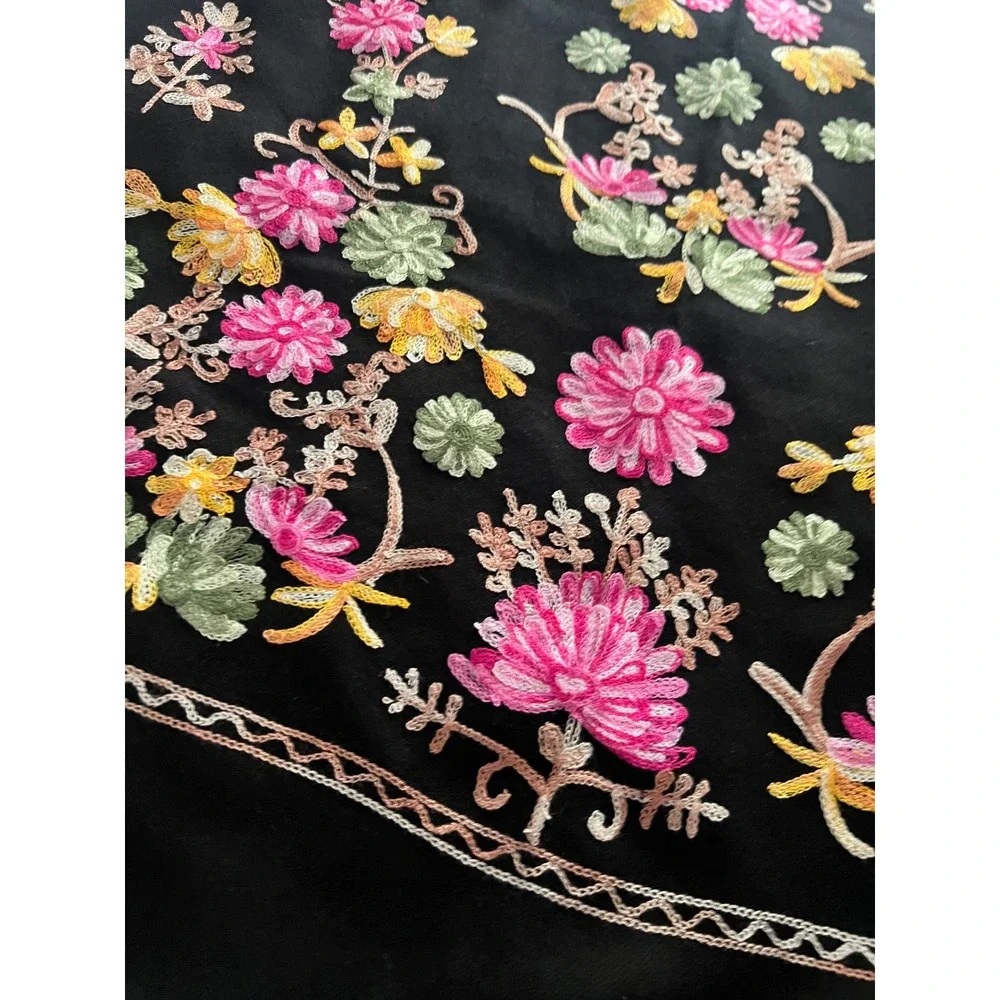 Pashmina 100% Cashmere Floral Embroidered Shawl Rebozo Black Fringe Wrap 65x25